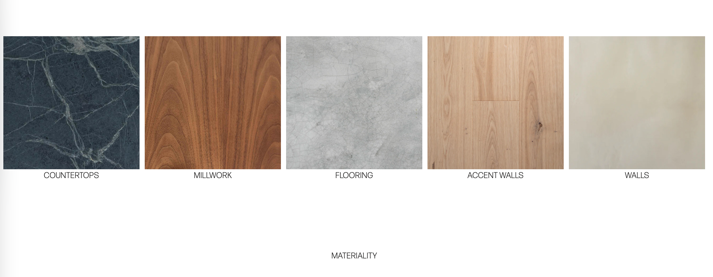 Interior material palette with natural stone, warm wood, and varied textures